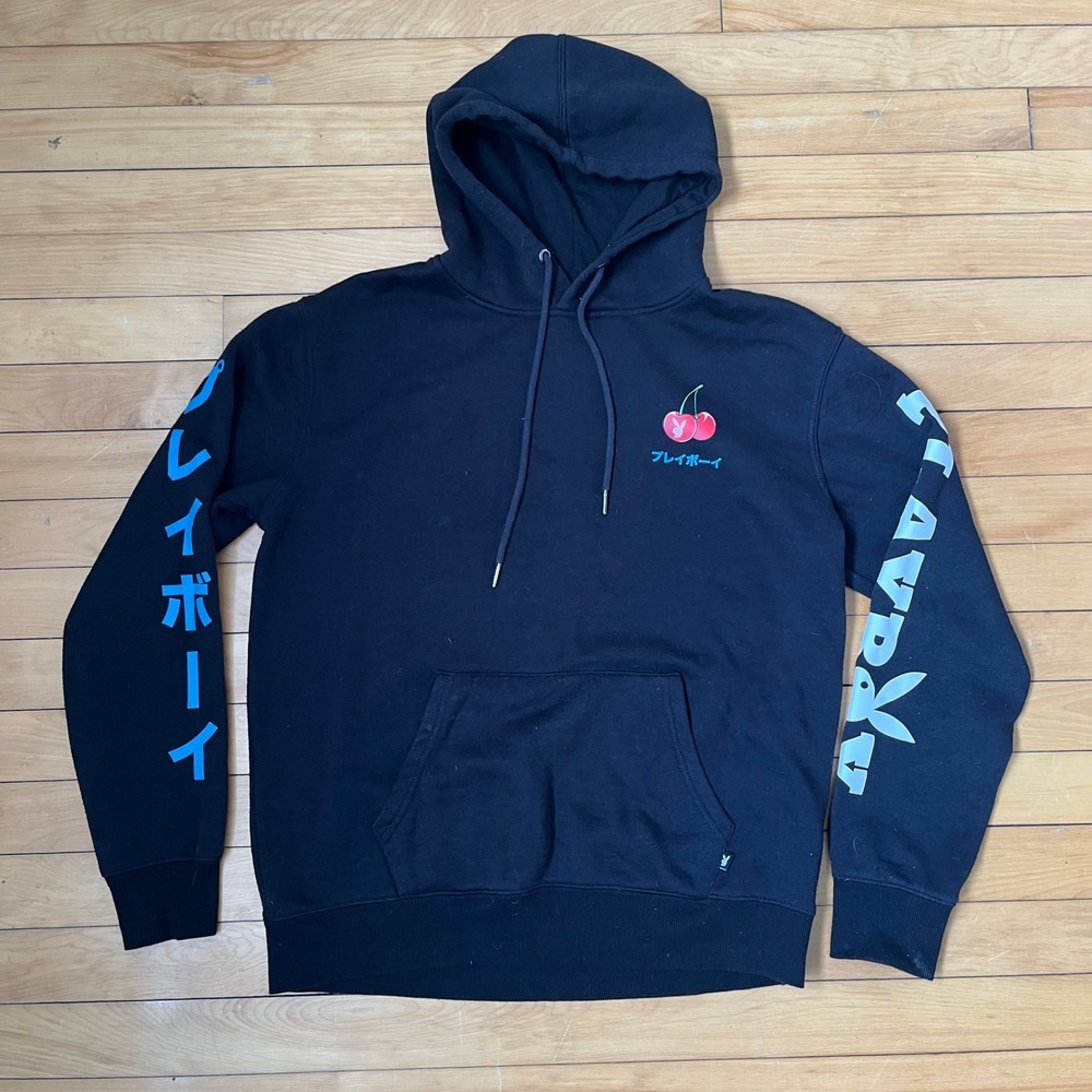 Playboy Black Cherry Bunny Anime Graphic Hoodie Japan Text Mens Small